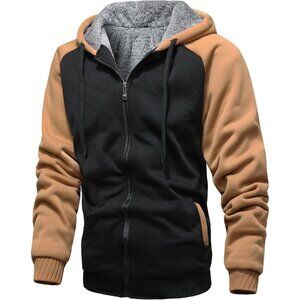Mens Wy985blackkhakiHooded Zip-Up Winter Jacket with Plush Fleece Lining
